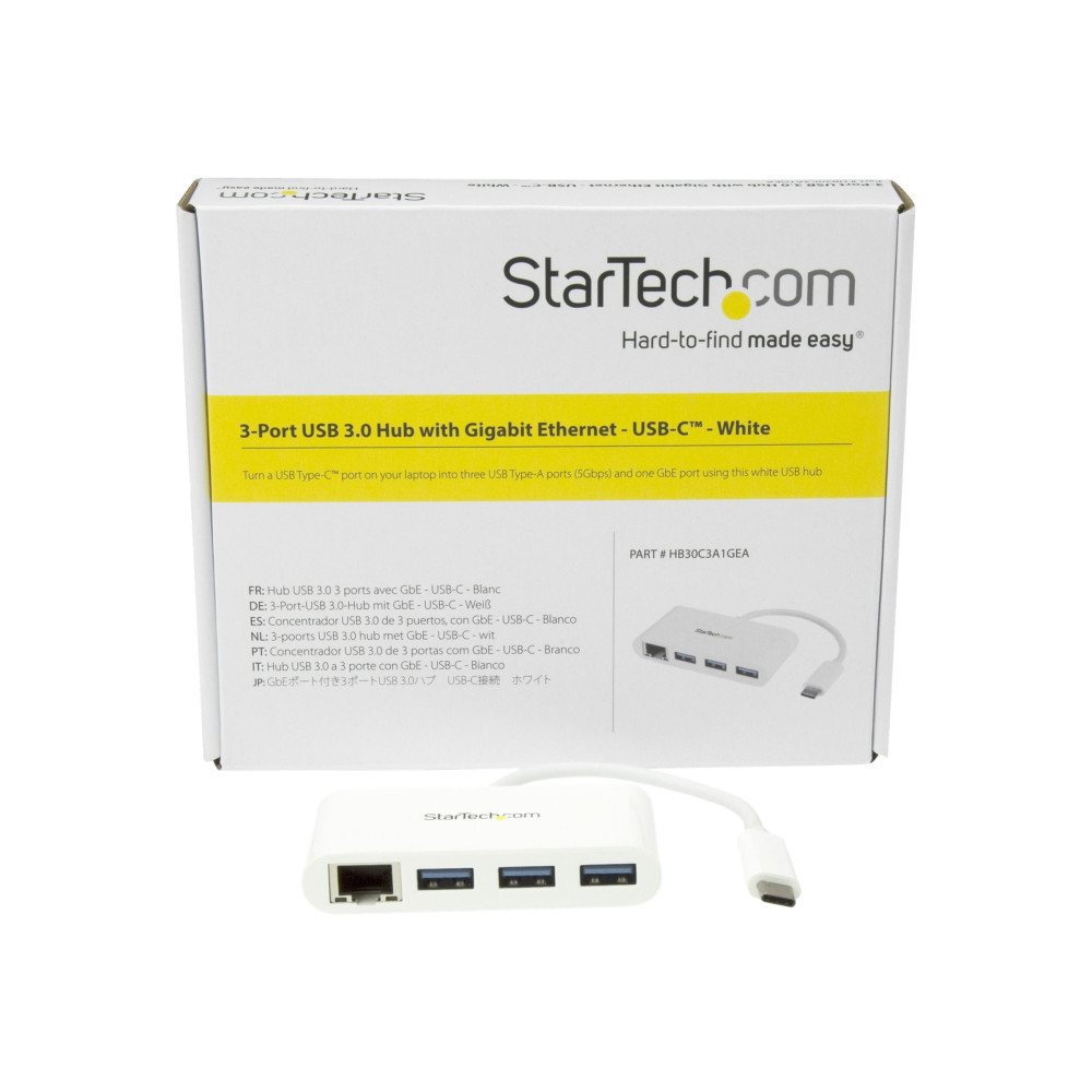 Produktbild för Startech USB-C-hubb med 3 portar och Gigabit Ethernet - USB-C till 3x USB-A - USB 3.0-hubb - vit - hubb - 3 portar