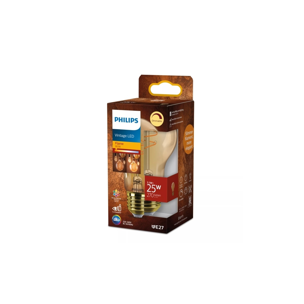 Produktbild för Philips - LED-glödlampa med filament - form: A60 - E27 - 3.1 W - flamljus - 1800 K - bärnsten