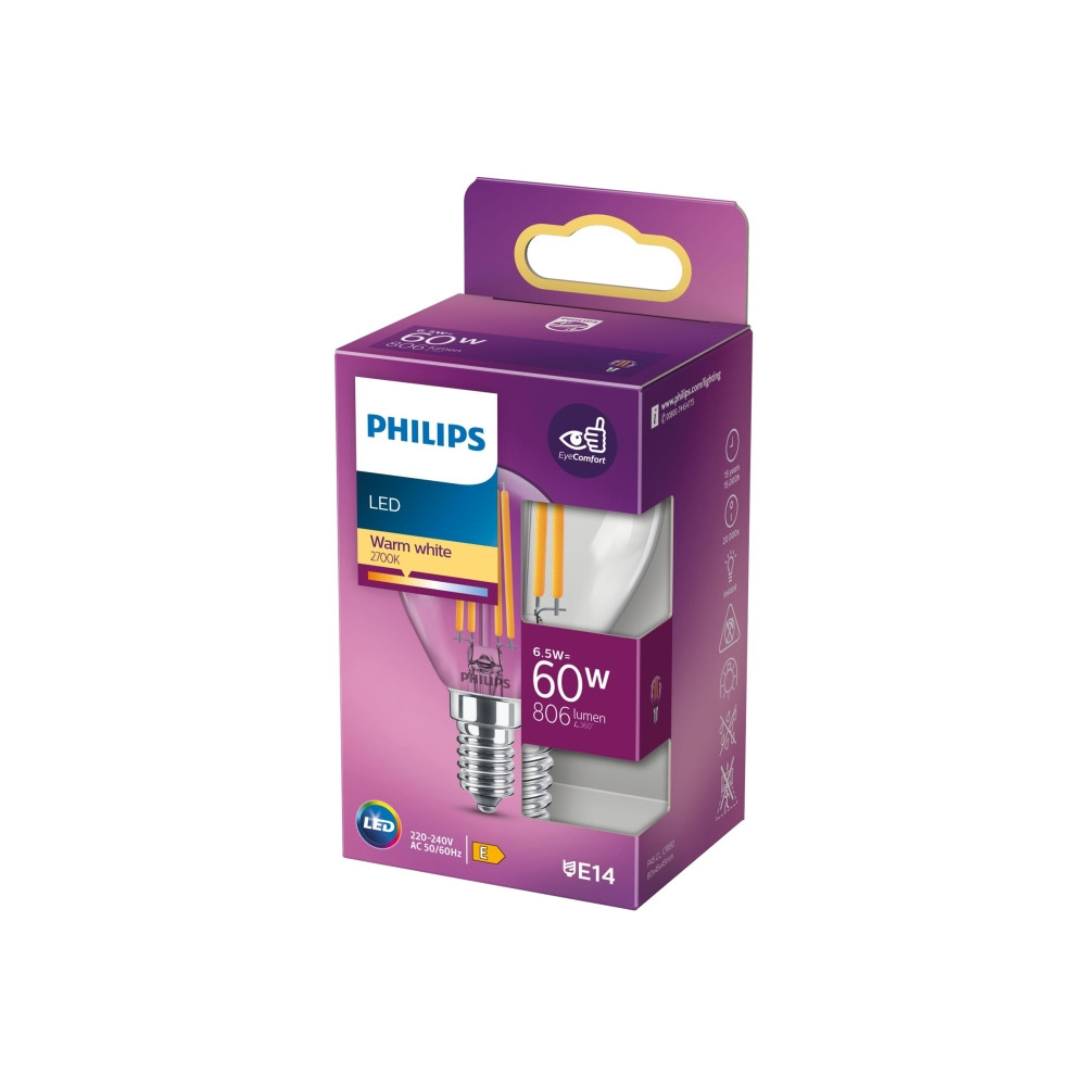 Produktbild för Philips - LED-glödlampa - klar finish - E14 - 6.5 W - varmt vitt ljus - 2700 K - transparent