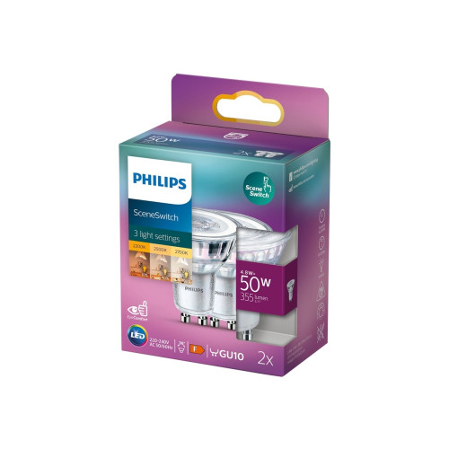 Philips Philips SceneSwitch - LED-spotlight - GU10 - 4.8 W - 1.5/3.5/4.8 W - varmvitt/flammljus - 2200/2500/2700 K (paket om 2)