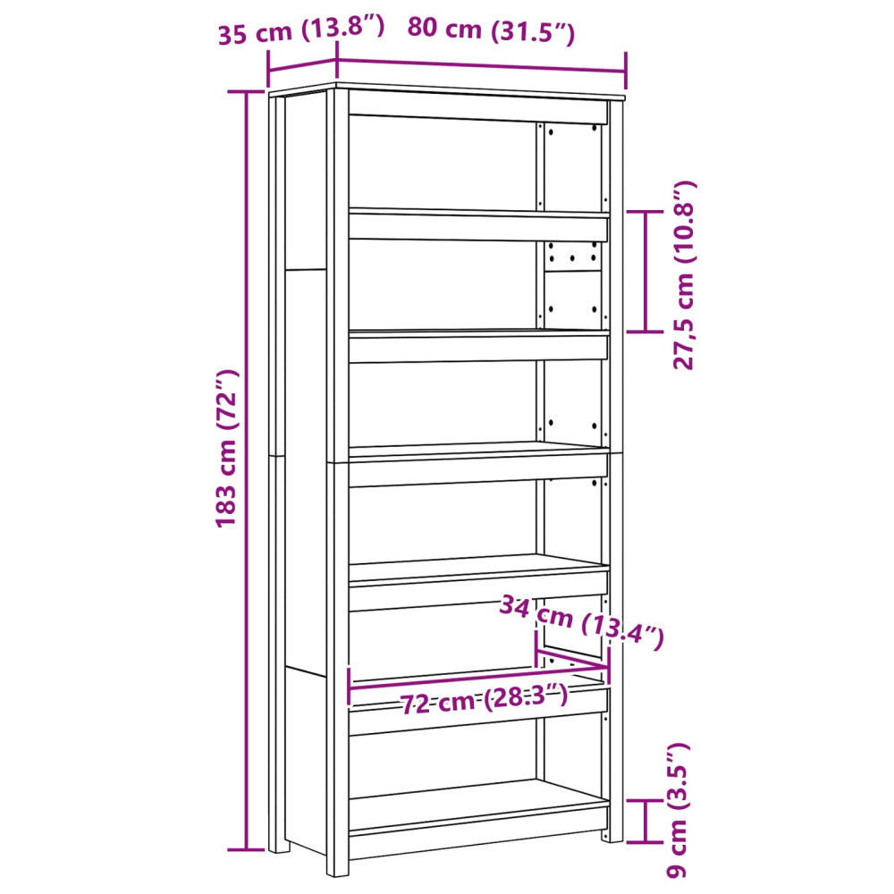 Produktbild för Bokskåp Vaxbrun 80 x 35 x 183 cm Massiv furu