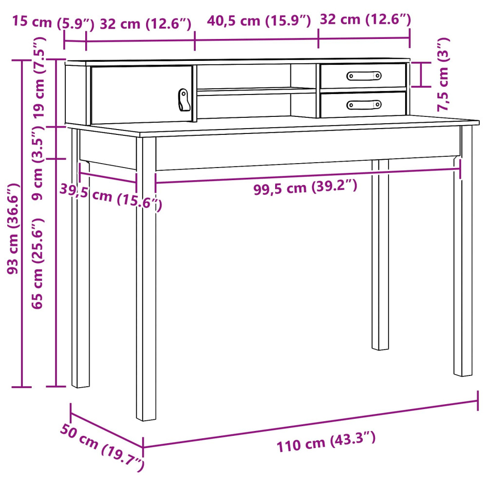 Produktbild för Skrivbord med låda Vaxbrun 110 x 50 x 93 cm Massivt furuvirke