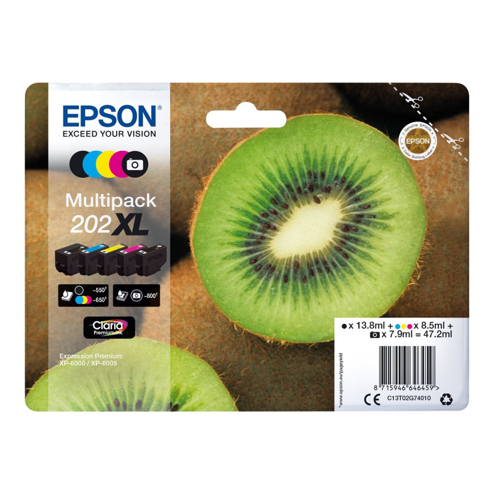 Produktbild för Epson Multipack 202XL - 5-pack - hög kapacitet - svart, gul, cyan, magenta, foto-svart - original - bläckpatron
