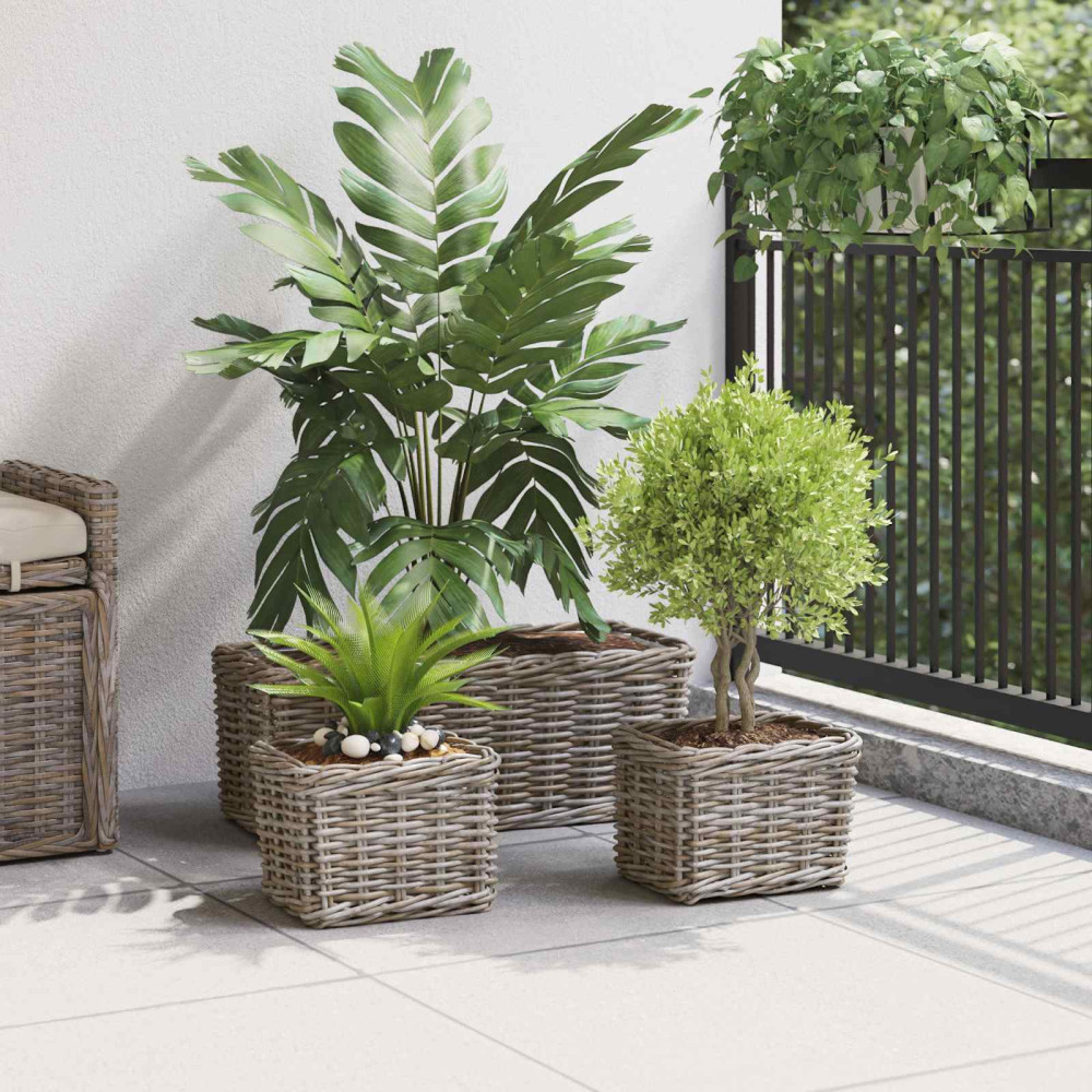 Produktbild för Planteringskorg med lagring 3 st Naturlig grå Kubu Rattan