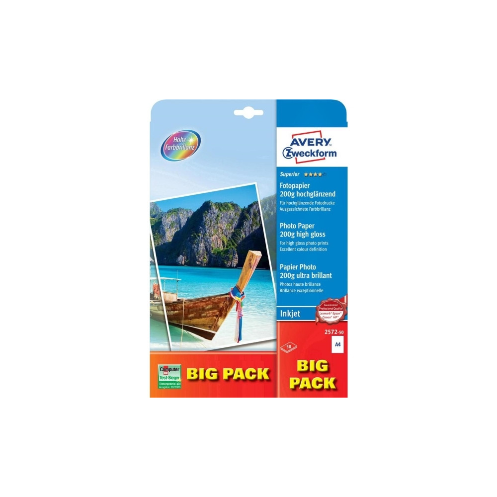 Produktbild för Avery Zweckform Superior Inkjet Photo Paper 2572 - fotopapper - högblank - 50 ark - A4 - 200 g/m²