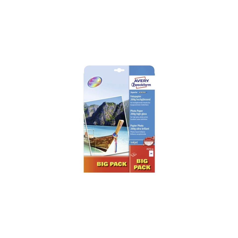 Produktbild för Avery Zweckform Superior Inkjet Photo Paper 2572 - fotopapper - högblank - 50 ark - A4 - 200 g/m²