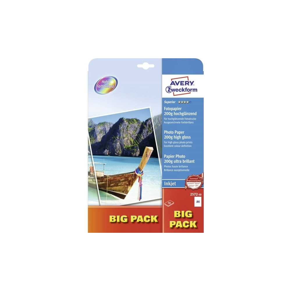 Produktbild för Avery Zweckform Superior Inkjet Photo Paper 2572 - fotopapper - högblank - 50 ark - A4 - 200 g/m²