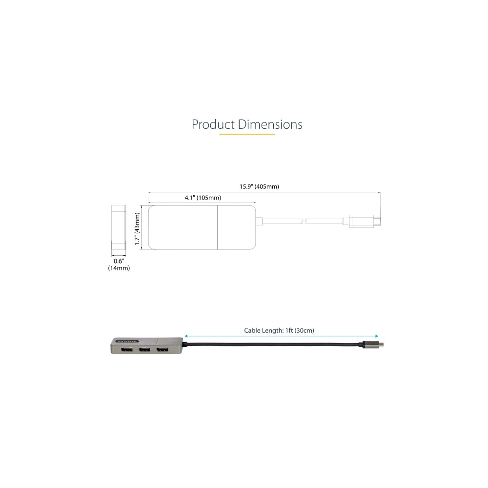 Produktbild för StarTech.com USB-C to Triple DisplayPort 1.4 MST Hub, 4K 60Hz, 1ft (30cm) Cable, USB Type-C Multi Monitor Adapter for Laptop, DP 1.4 Multi-Stream Transport Hub, DisplayPort Splitter - MST Triple Monitor Adapter (MST14CD123DP) - dockningsstation - USB-C / 