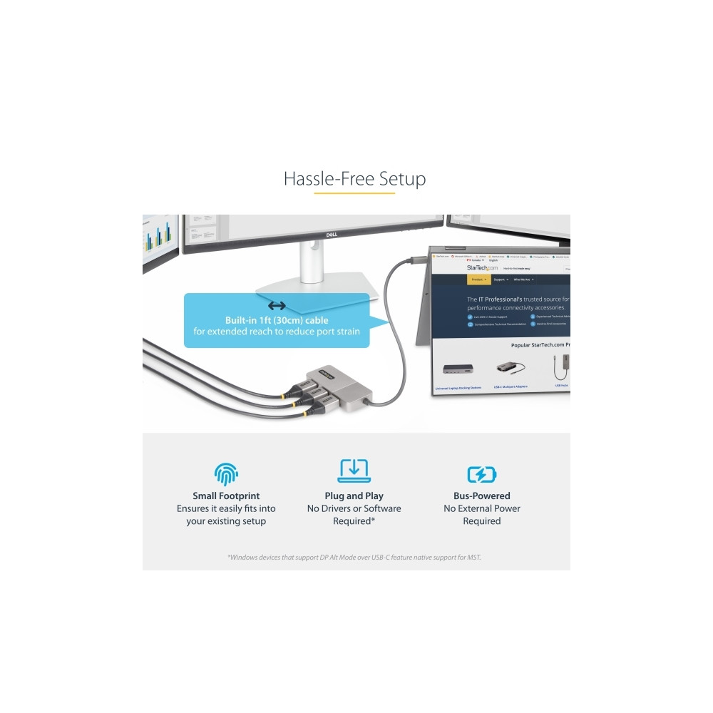 Produktbild för StarTech.com USB-C to Triple DisplayPort 1.4 MST Hub, 4K 60Hz, 1ft (30cm) Cable, USB Type-C Multi Monitor Adapter for Laptop, DP 1.4 Multi-Stream Transport Hub, DisplayPort Splitter - MST Triple Monitor Adapter (MST14CD123DP) - dockningsstation - USB-C / 