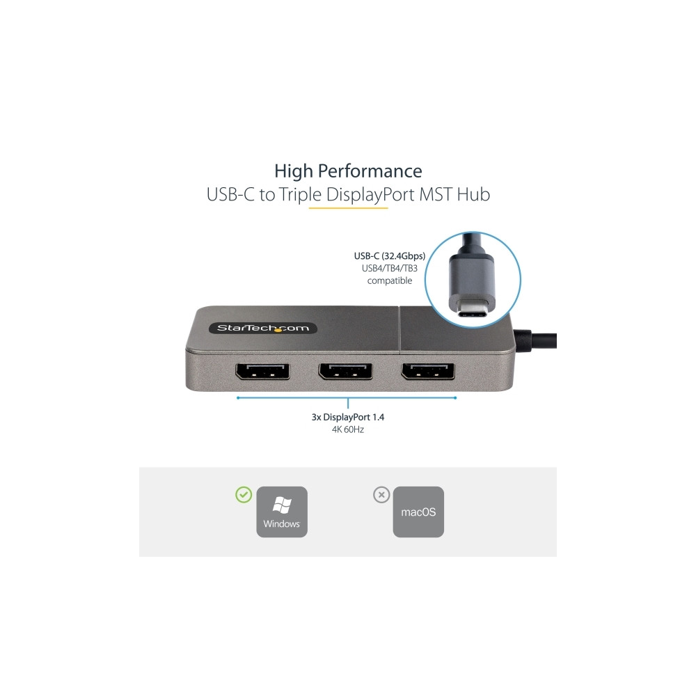Produktbild för StarTech.com USB-C to Triple DisplayPort 1.4 MST Hub, 4K 60Hz, 1ft (30cm) Cable, USB Type-C Multi Monitor Adapter for Laptop, DP 1.4 Multi-Stream Transport Hub, DisplayPort Splitter - MST Triple Monitor Adapter (MST14CD123DP) - dockningsstation - USB-C / 