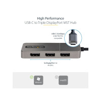 Produktbild för StarTech.com USB-C to Triple DisplayPort 1.4 MST Hub, 4K 60Hz, 1ft (30cm) Cable, USB Type-C Multi Monitor Adapter for Laptop, DP 1.4 Multi-Stream Transport Hub, DisplayPort Splitter - MST Triple Monitor Adapter (MST14CD123DP) - dockningsstation - USB-C / 