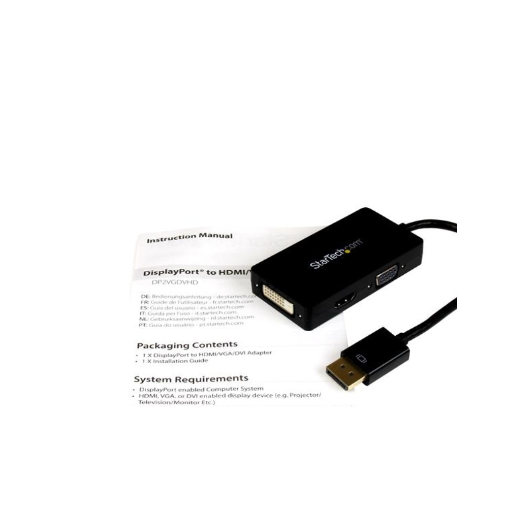 Produktbild för StarTech.com A/V-reseadapter: 3-i-1 DisplayPort till VGA-, DVI- eller HDMI-konverterare - videokort - DisplayPort / HDMI / DVI / VGA - 26.6 m