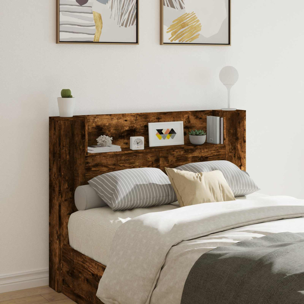 Produktbild för Huvudgavelsskåp med LED med hylla Rökt Ek 140 x 16,5 x 103,5 cm