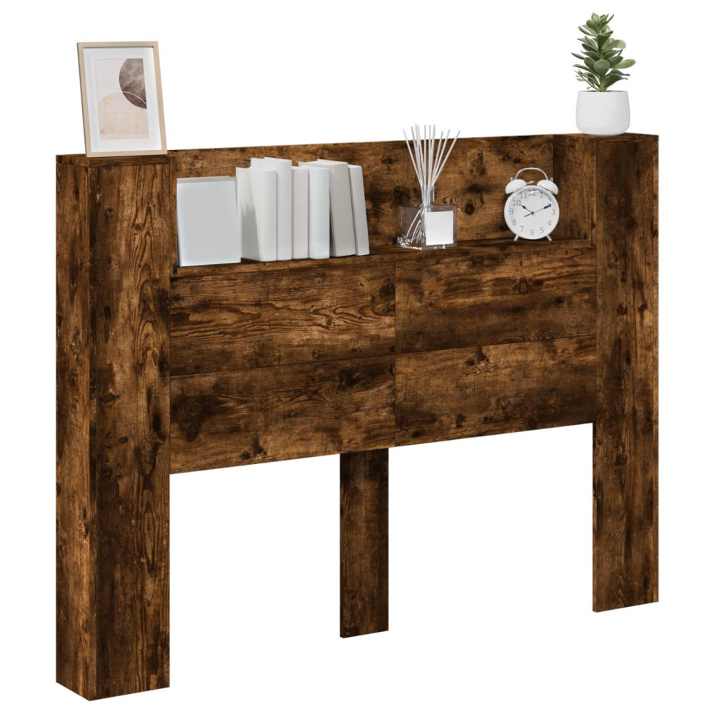Produktbild för Huvudgavelsskåp med LED med hylla Rökt Ek 140 x 16,5 x 103,5 cm