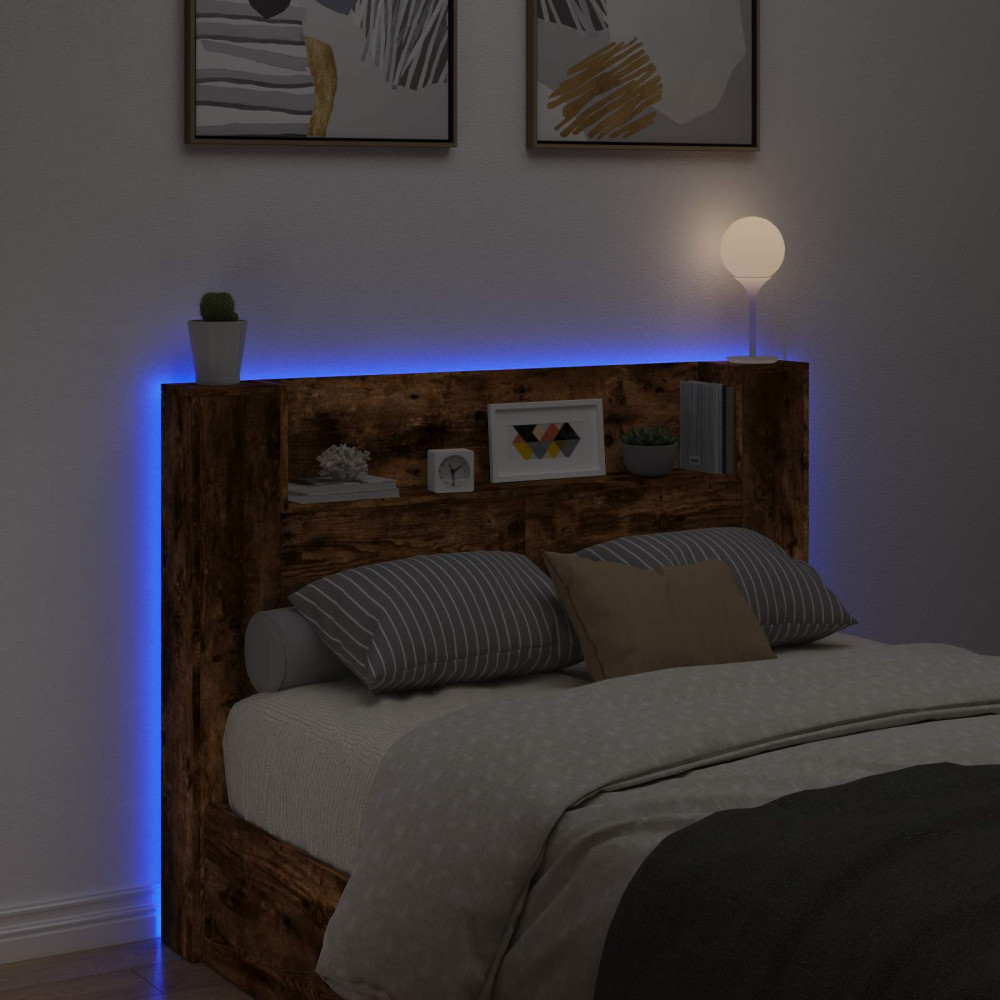 Produktbild för Huvudgavelsskåp med LED med hylla Rökt Ek 140 x 16,5 x 103,5 cm
