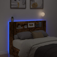 Produktbild för Huvudgavelsskåp med LED med hylla Rökt Ek 140 x 16,5 x 103,5 cm