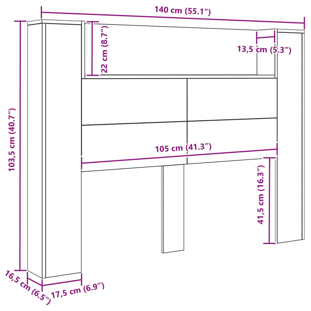 Produktbild för Huvudgavelsskåp med LED Gammalt trä 140 x 16,5 x 103,5 cm