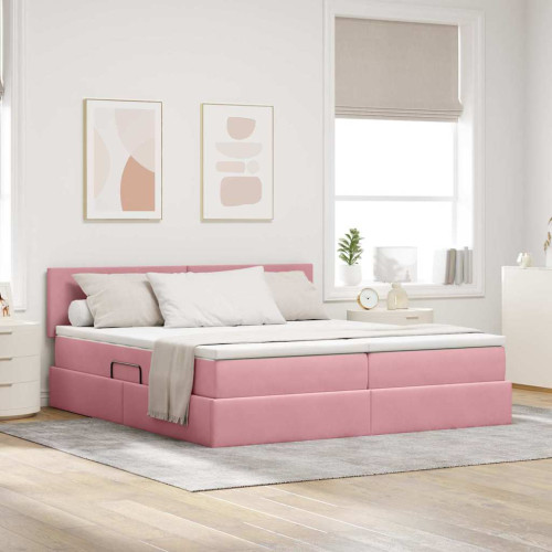 vidaXL LED förvaringssäng med madrass Rosa 200 x 200 cm Sammet