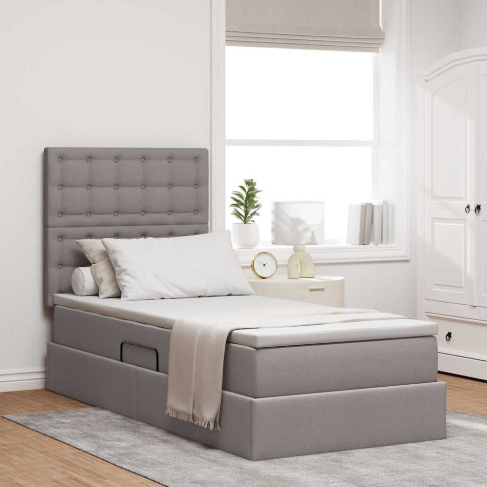 Produktbild för Förvaringssäng med madrass med lagring Taupe 100 x 200 cm tyg