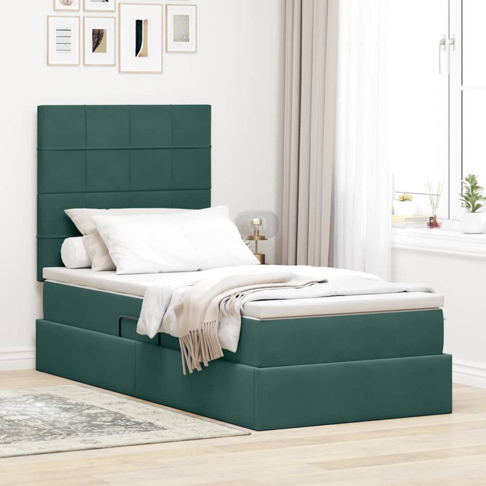 Produktbild för Förvaringssäng med madrass Mörkgrön 90 x 190 cm Sammet