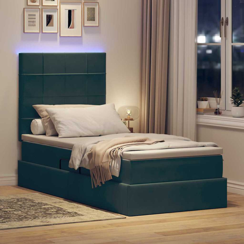 Produktbild för LED förvaringssäng med madrass Mörkgrön 90 x 190 cm Sammet