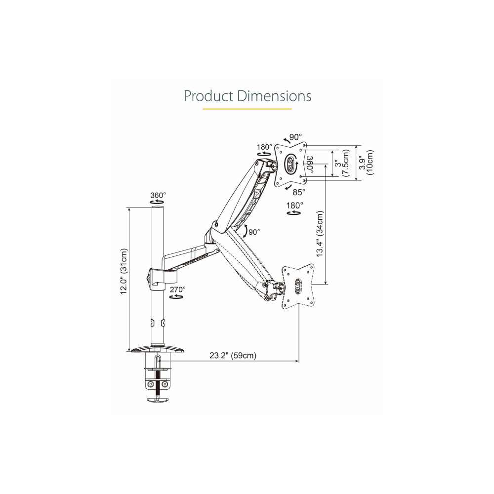 Produktbild för StarTech.com Desk Mount Monitor Arm for Single VESA Display up to 32" or 49" Ultrawide 8kg/17.6lb, Full Motion Articulating & Height Adjustable w/ Cable Management, C-Clamp, Grommet Mount - Single Monitor Arm monteringssats - justerbar arm med full rörlig