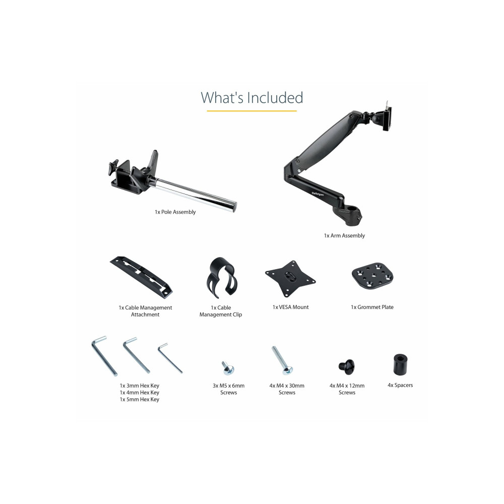 Produktbild för StarTech.com Desk Mount Monitor Arm for Single VESA Display up to 32" or 49" Ultrawide 8kg/17.6lb, Full Motion Articulating & Height Adjustable w/ Cable Management, C-Clamp, Grommet Mount - Single Monitor Arm monteringssats - justerbar arm med full rörlig