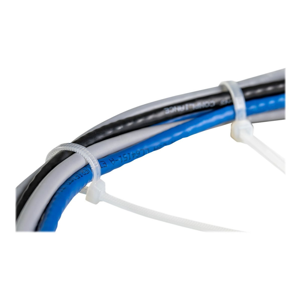 Produktbild för StarTech.com 25cm kabelkopplingar - 4mm bred, 68mm buntdiameter, 22kg draghållfasthet, självlåsande spärrband för nylon med böjd spets, 94 V-2/UL listad, 100-pack - vitt - kabelsamlare - TAA-kompatibel
