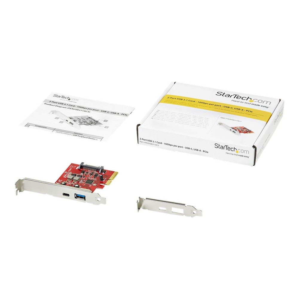 Produktbild för Startech 2 portar 10 Gbit/s USB-A &amp;amp; USB-C PCIe-kort - USB 3.1 Gen 2 PCI Express Type C/A-kortadapter för värdkontroller - USB 3.2 Gen 2x1 PCIe Expansion-tilläggskort - Windows, macOS, Linux - USB-adapter - PCIe 3.0 x4 - USB-C 3.1 x 1 + USB 3.1 Gen
