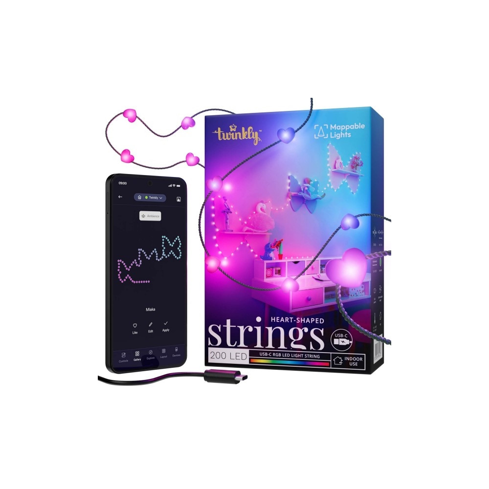 Produktbild för Twinkly Candies - stränglampor - LED x 200 - 16 miljoner färger - hjärtan - grön