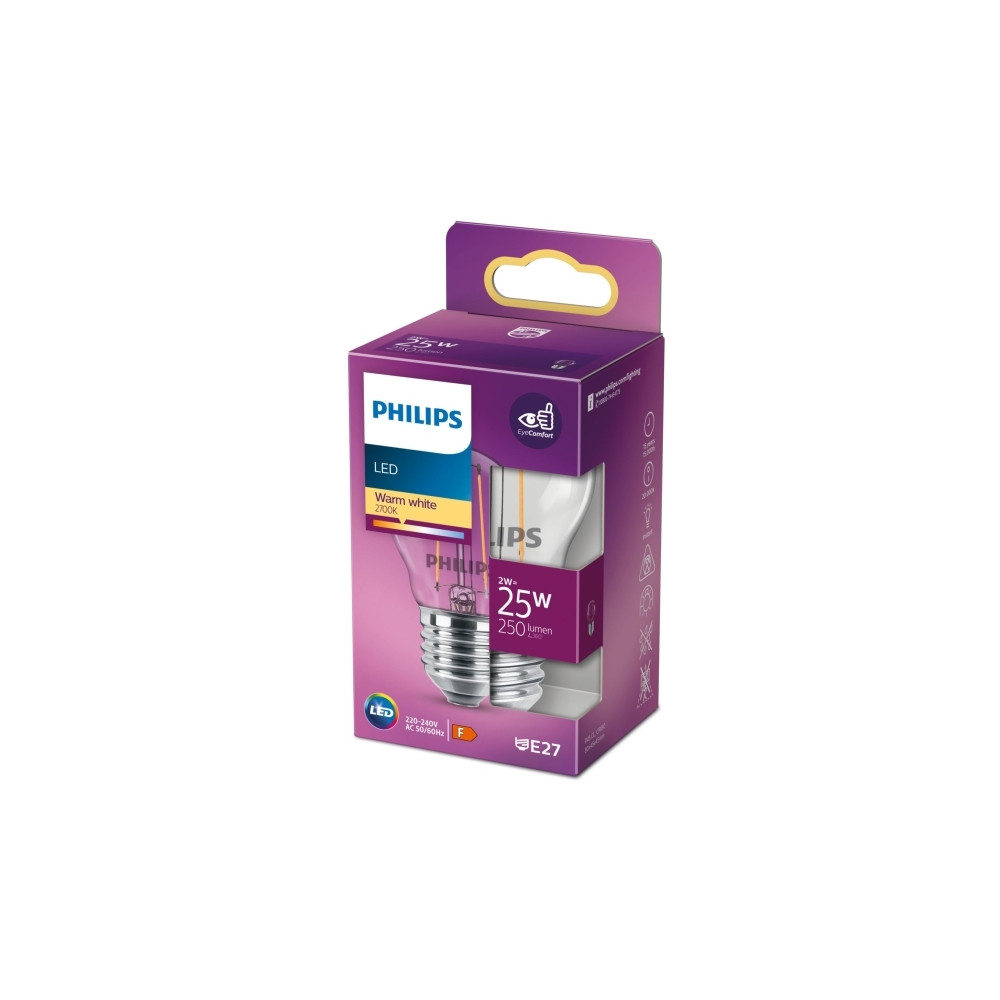 Produktbild för Philips - LED-glödlampa med filament - form: P45 - klar finish - E27 - 2 W - varmt vitt ljus - 2700 K - transparent