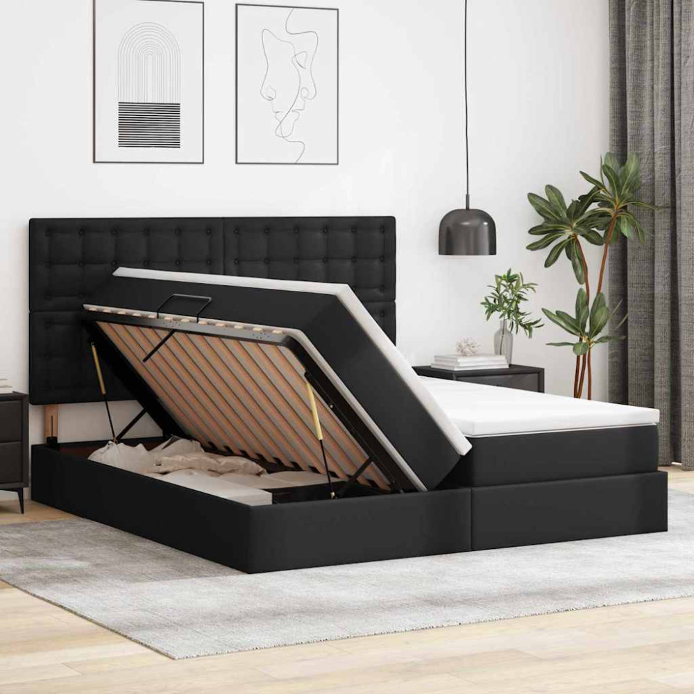 Produktbild för Förvaringssäng med LED Svart 180 x 200 cm Konstläder