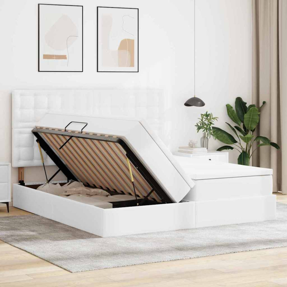 Produktbild för Förvaringssäng med LED Ren Vit 180 x 200 cm Konstläder