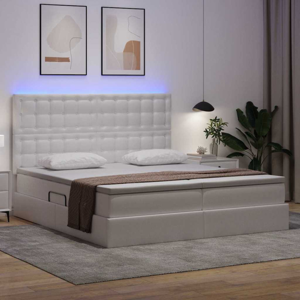Produktbild för Förvaringssäng med LED Ren Vit 180 x 200 cm Konstläder