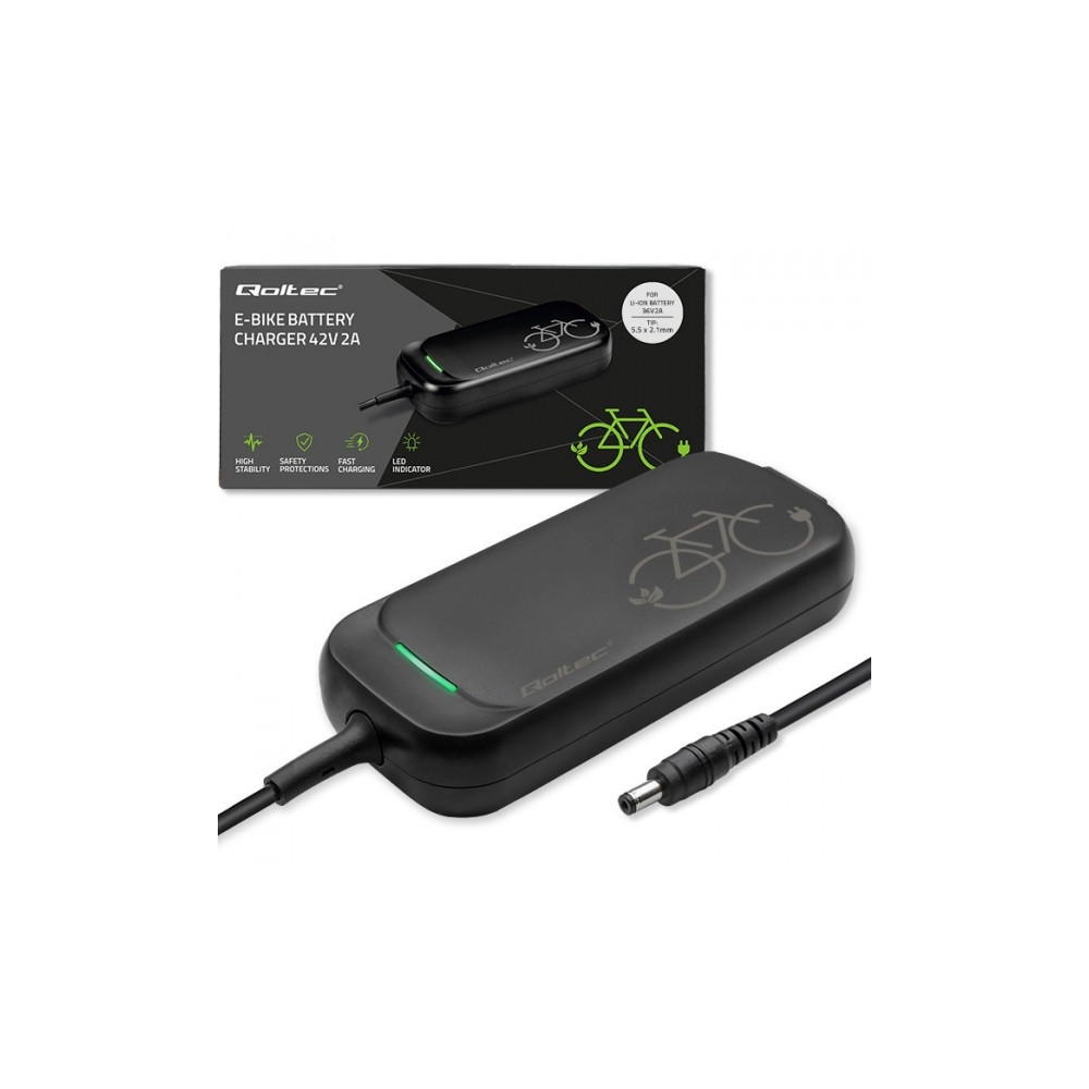 Produktbild för Qoltec - strömadapter - för elcykel, elektrisk scooter, 36V, 42V, 5.5x2.1, vattentålig + strömkabel - 84 watt