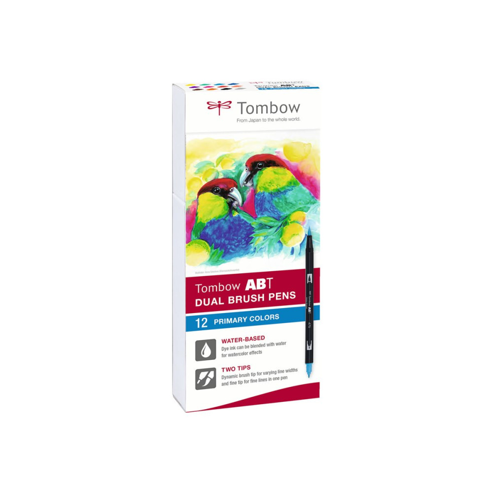Produktbild för ABT Primary - brush pen and marker combo - processgul, grön, cyan, ultramarin, royal purple, rhodamine red, karminröd, Coral, brun, orange, svart, svalt grå 3 (paket om 12)