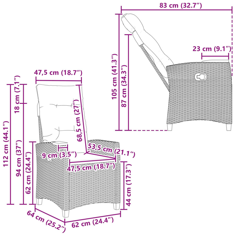 Produktbild för Fällstol med tehylla med kudde 62 x 64 x 112 cm konstrotting