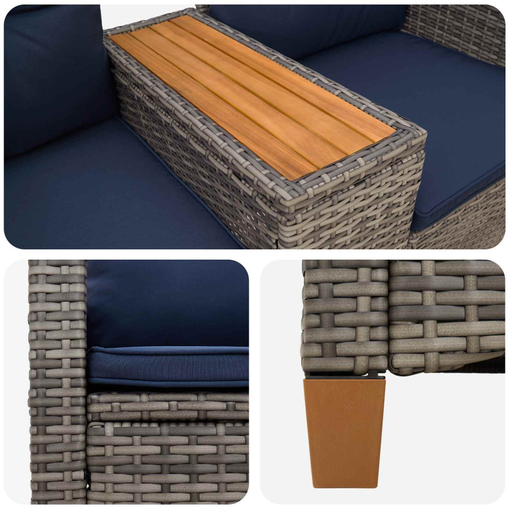 Produktbild för Reclining Bench with Table Grå och Marinblå 126 x 65 x 112 cm
