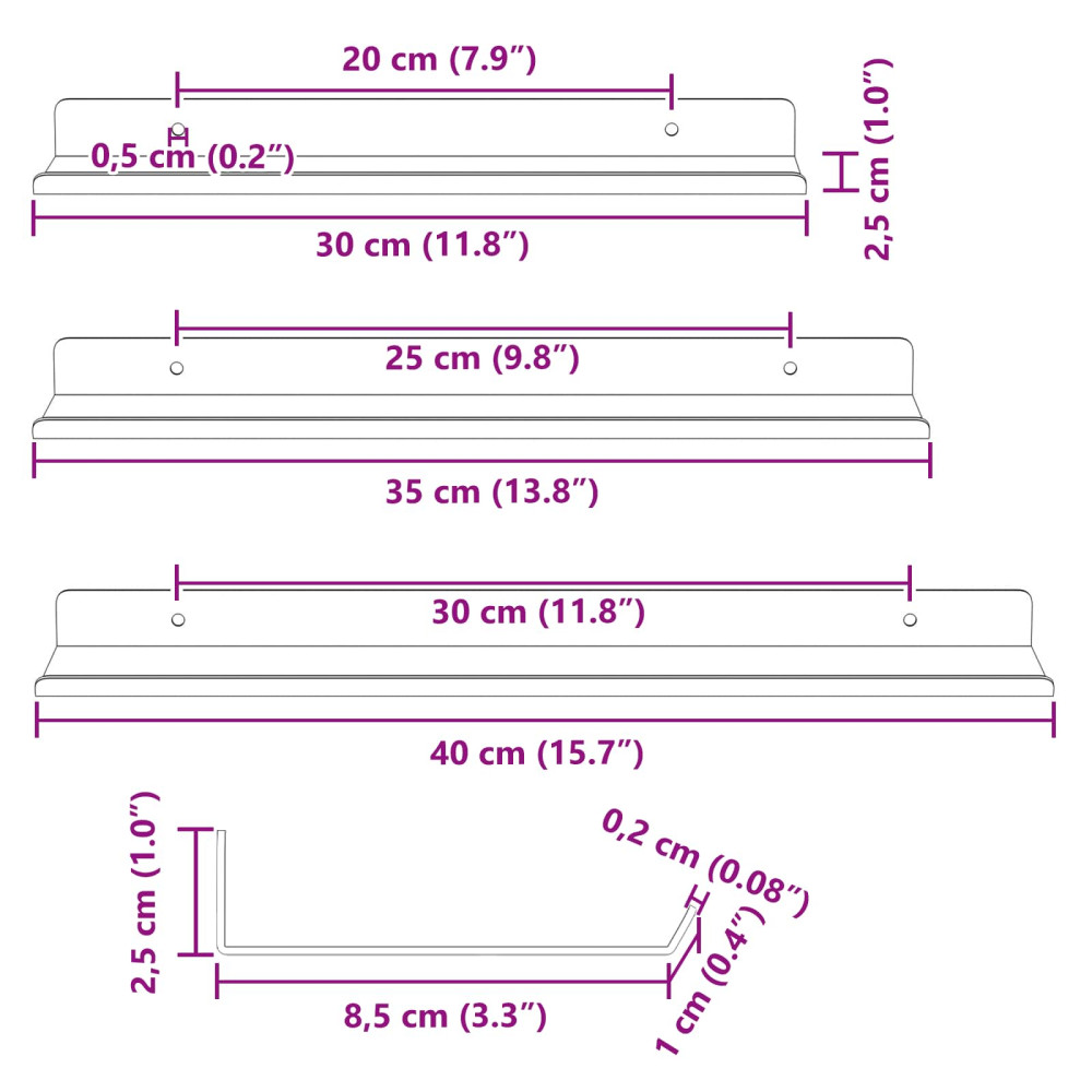 Produktbild för Flytande hylla Väggmonterad 3 pcs Vit 40 x 9 x 2,5 cm Stål