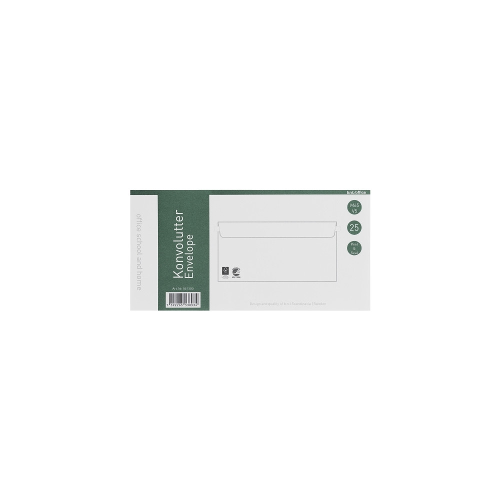 Produktbild för Kuverter M65 m/rude 90g Peel & Seal 110x220 mm hvid