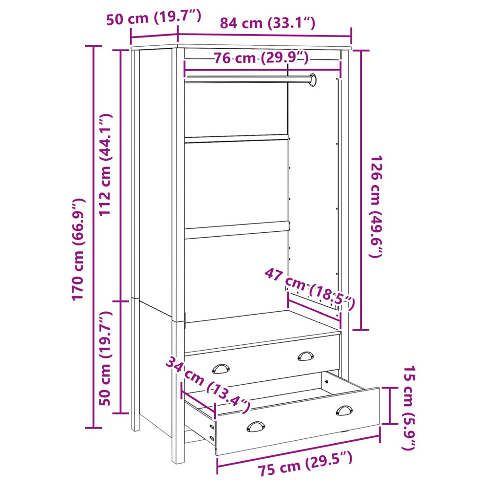 Produktbild för Garderob HILL Honung brun 84 x 50 x 170 cm Massivt furu