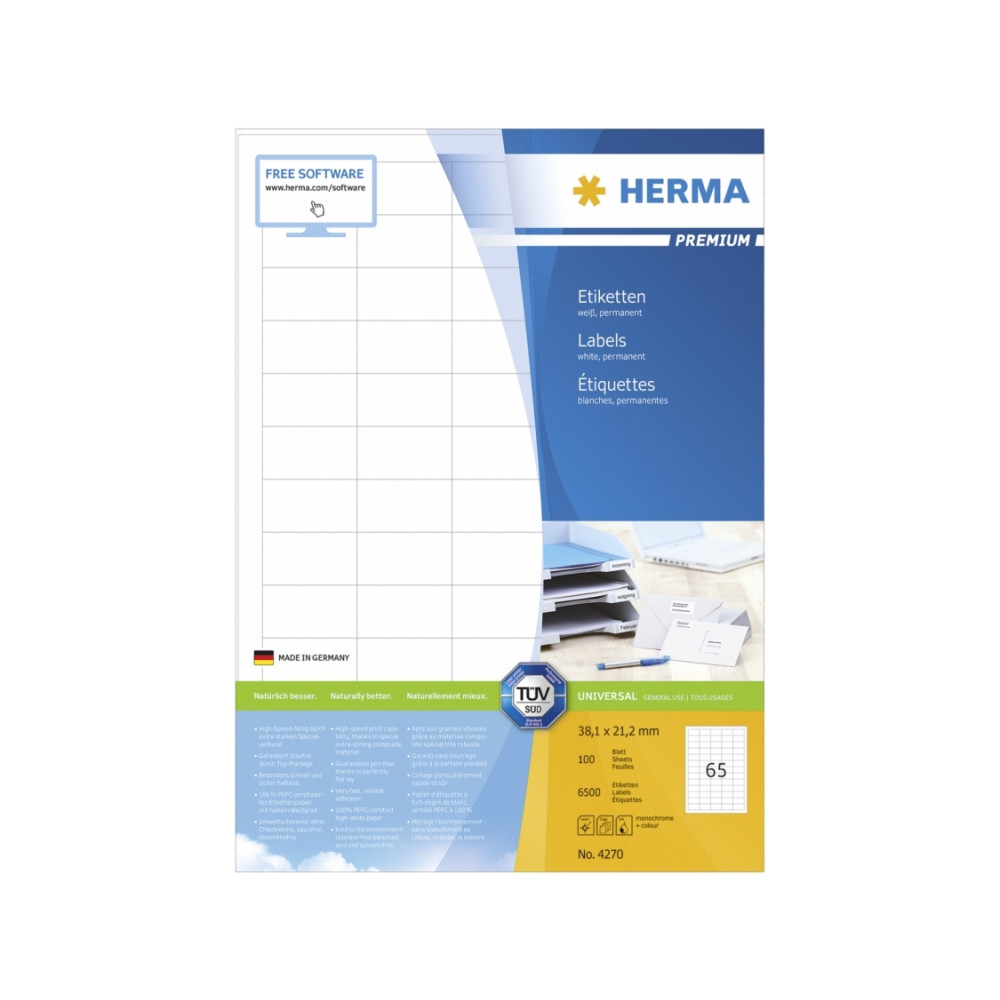 Produktbild för HERMA Premium - laminerade etiketter - matt - 6500 etikett (er) - 38.1 x 21.2 mm