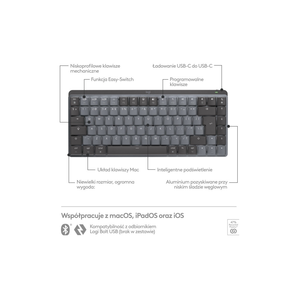 Produktbild för Logitech Master Series MX Mechanical Mini for Mac - tangentbord - QWERTY - USA, internationellt - rymdgrå Inmatningsenhet