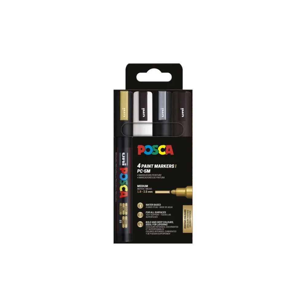Produktbild för POSCA PC-5M, Svart, Guld, Silver, Vit, Multifärg, 4 färger,...