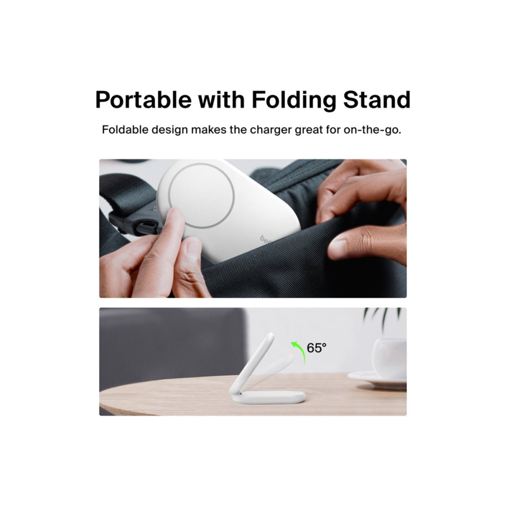 Produktbild för Belkin BoostCharge trådlöst laddställ - magnetisk, hopfällbar, med Qi2 - + växelströmsadapter - 15 watt