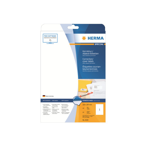 HERMA HERMA Special - permenenta självhäftande matta ogenomskinliga korrigerings/täcknings-pappersetiketter - 25 etikett (er) - A4