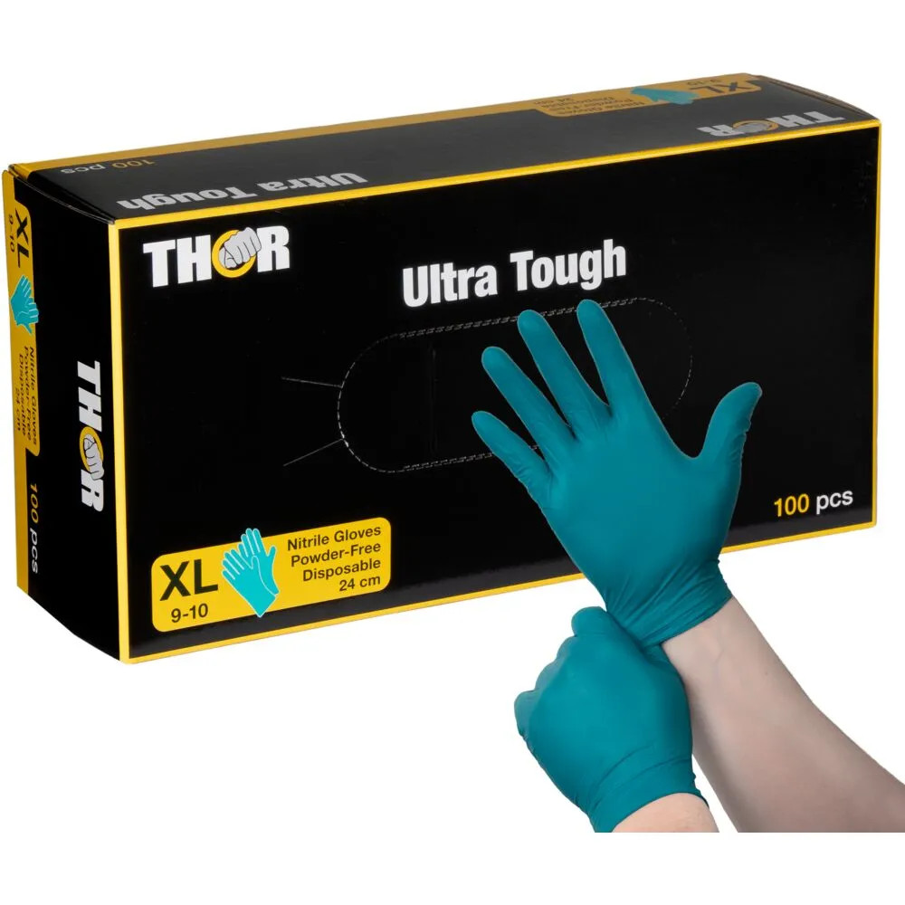 Produktbild för Engångshandske, THOR Ultra Tough, XL, grön, nitril, puderfri