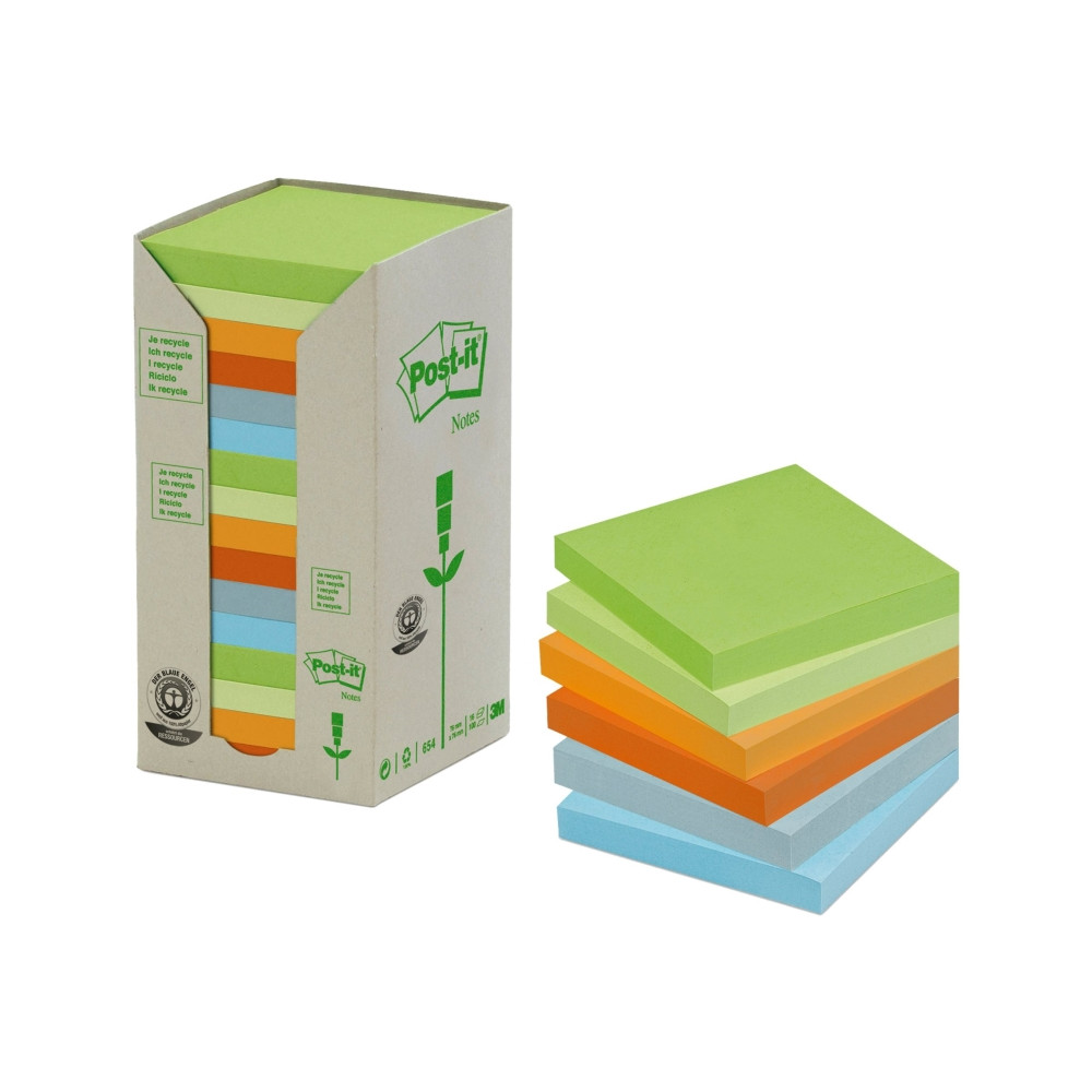 Produktbild för Post-it Recycled 654-1RPT - note - 76 x 76 mm - 1600 ark (16 x 100)