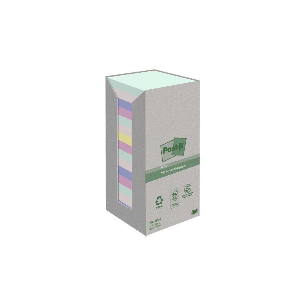 Produktbild för Post-it Recycled 654-1RPT - note - 76 x 76 mm - 1600 ark (16 x 100)
