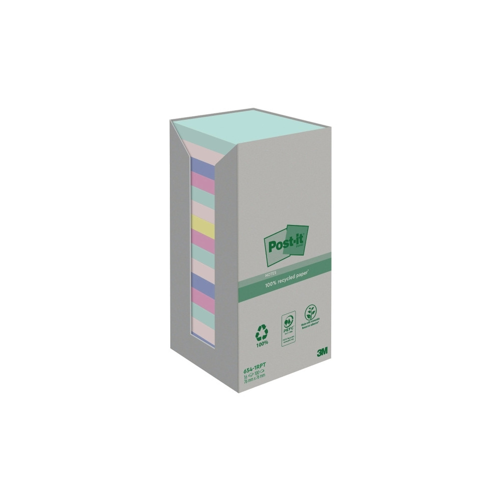 Produktbild för Post-it Recycled 654-1RPT - note - 76 x 76 mm - 1600 ark (16 x 100)